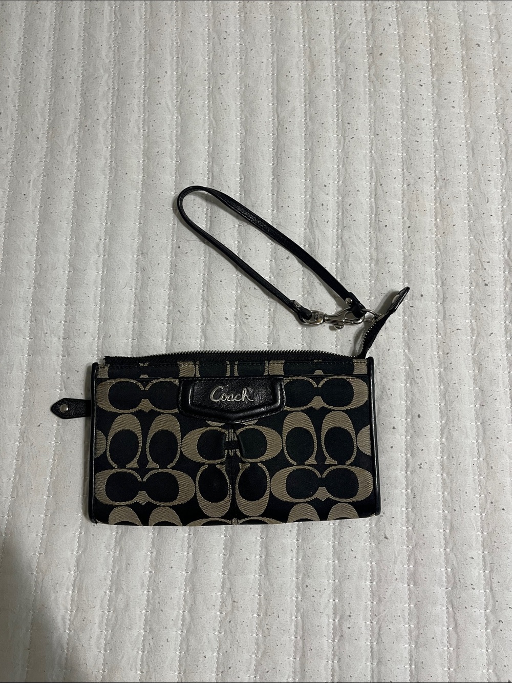 Coach Black and Tan Signature Canvas Wristlet